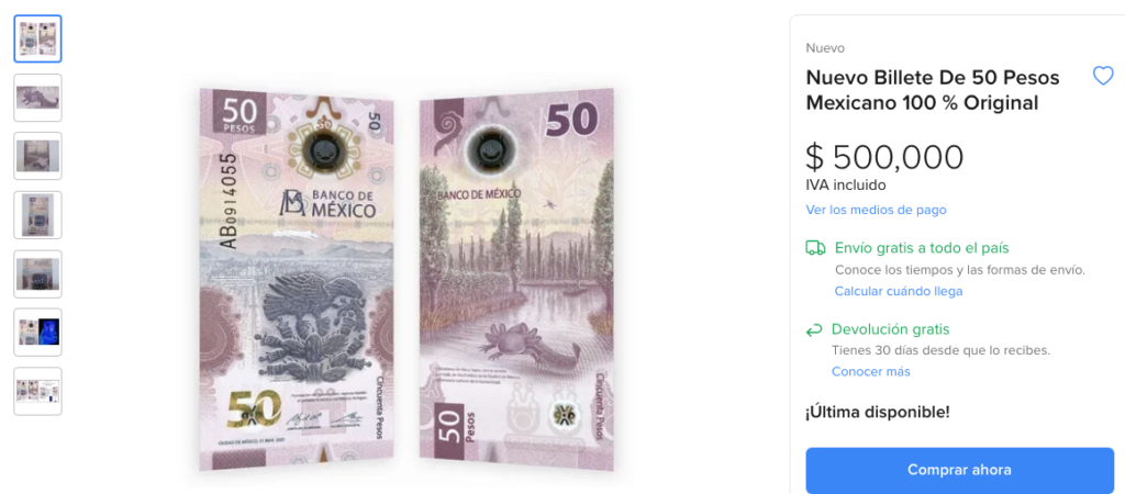 Venta de billete de 50 pesos en medio millón de pesos
