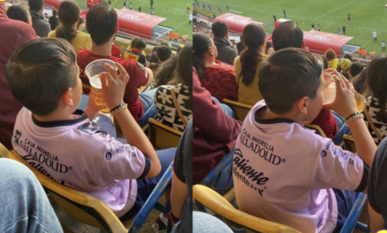 niño bebiendo cerveza en el Estadio Morelos