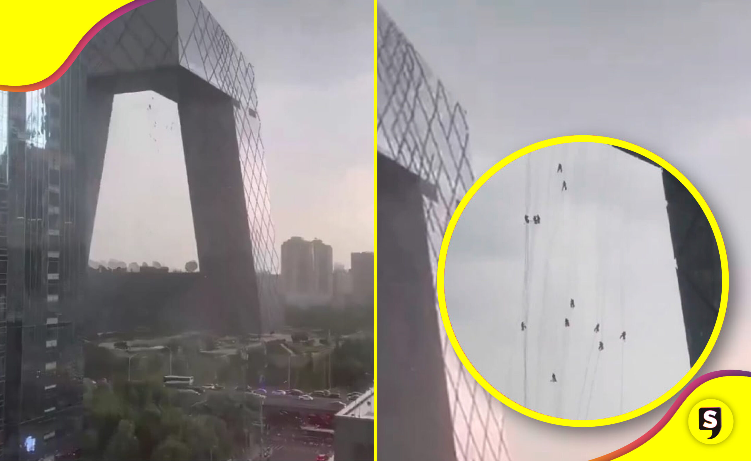 trabajadores colgados en edificio de China