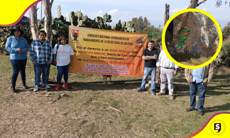 Trabajadores del INAH protestan en Huapalcalco por hostigamiento laboral y abandono de la zona arqueológica