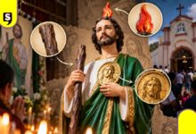 San Judas Tadeo lleva un garrote y una llama en la cabeza