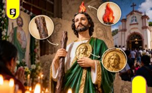 San Judas Tadeo lleva un garrote y una llama en la cabeza