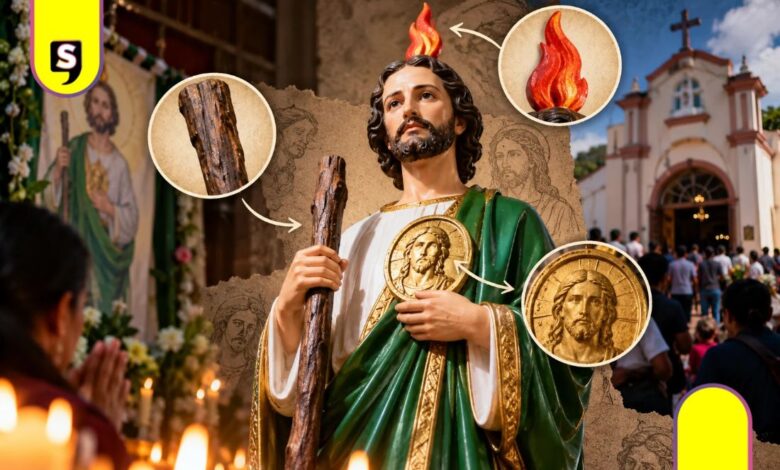 San Judas Tadeo lleva un garrote y una llama en la cabeza